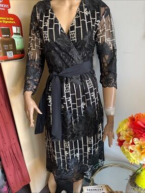 Black Lace Wrap Dress with Ivory Grid Embroidery and Waist Sash size M, L, XL